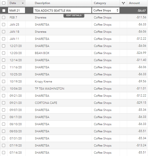 A screenshot from my Mint app showcasing how much I've spent on bubble tea over the past year